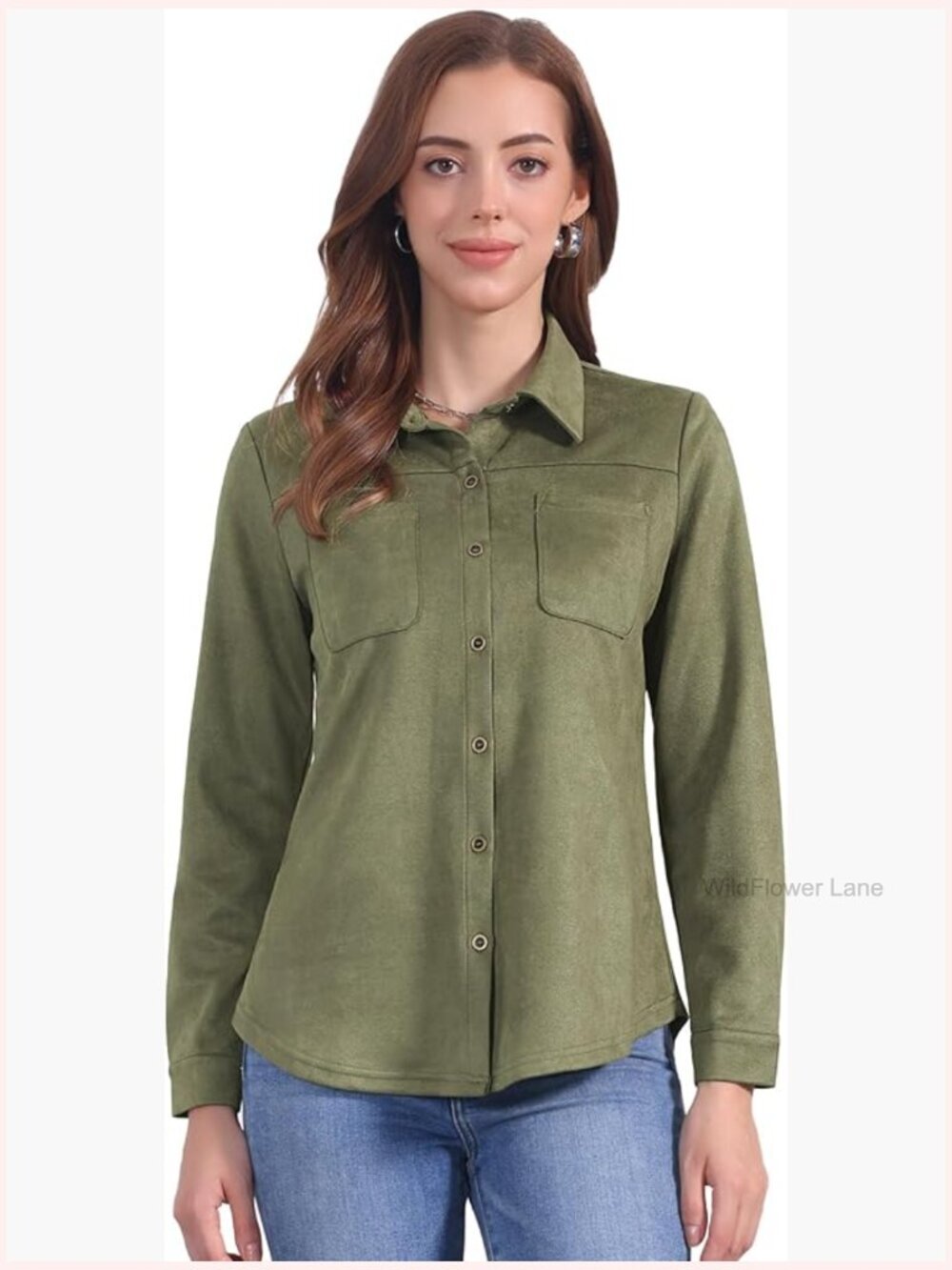 Faux Suede Long Sleeve Button Down Shirt Blouse for Women